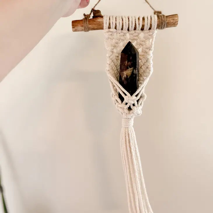 Macrame Crystal Hanging Pouch Wall Hang - White