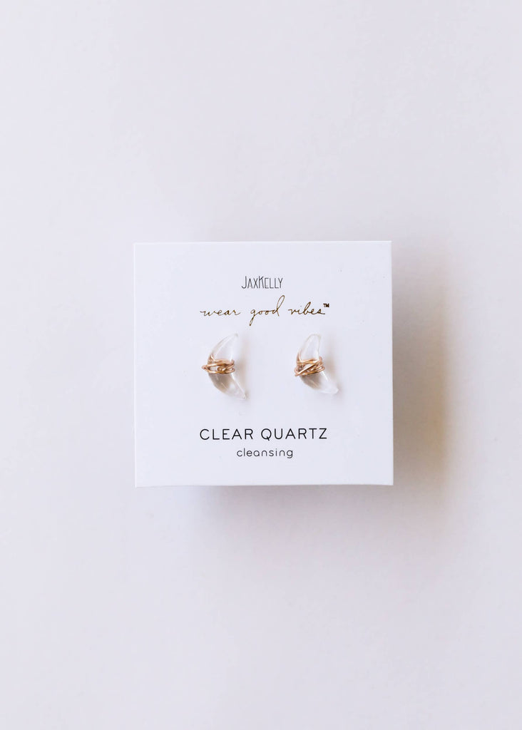 Wire Wrapped Moon Earrings - Clear Quartz